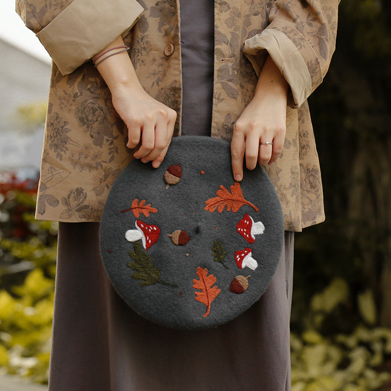 Embroidered Autumn Beret - Wool Felt, Forest Charm, Cozy Style