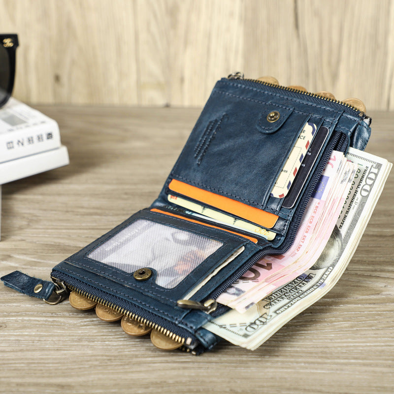 Genuine Leather Men's Wallet with Multiple Zippered Pockets