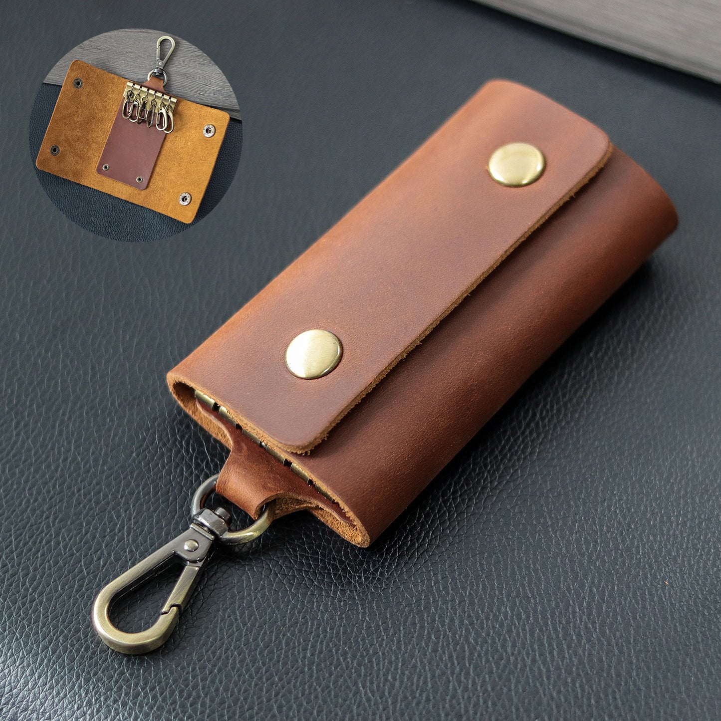 Compact Leather Key Case with Key Ring and Secure Button Closure