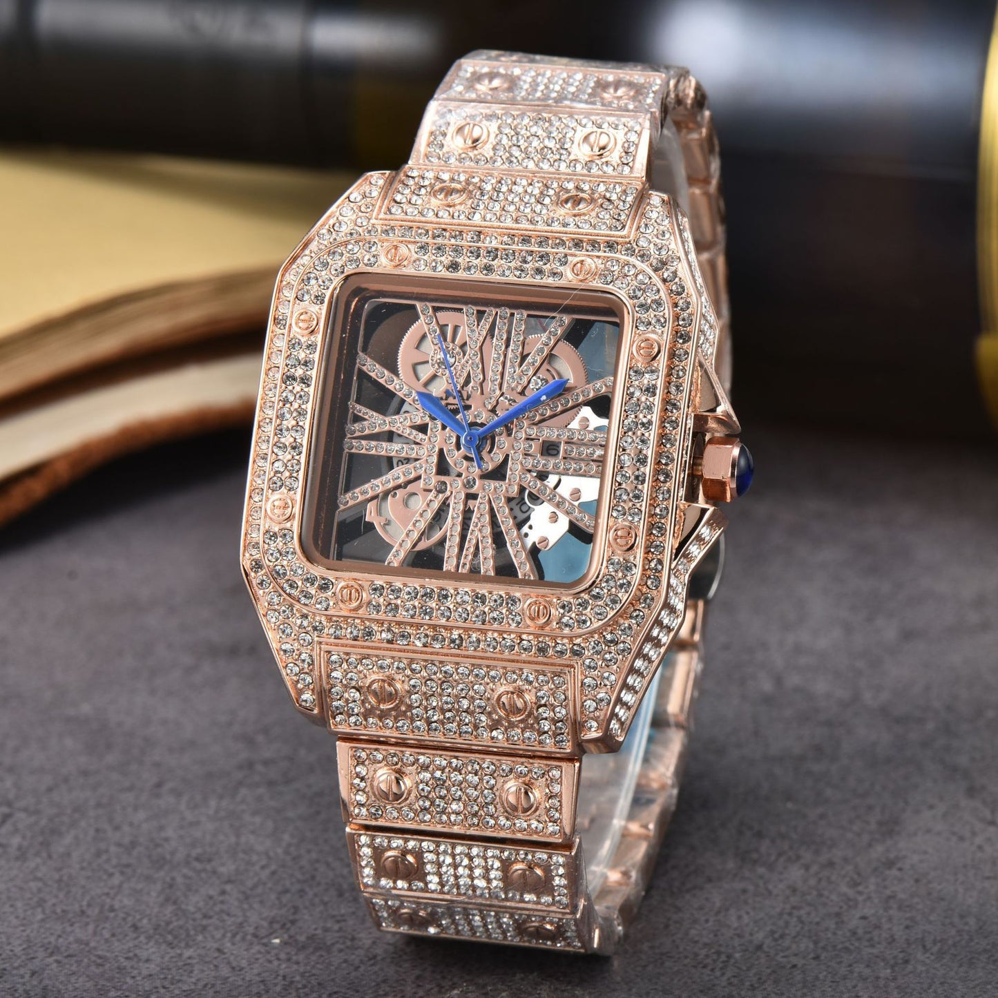 Iced-Out Rose Gold Men's Watch Diamond Luxury Skeleton Automatic