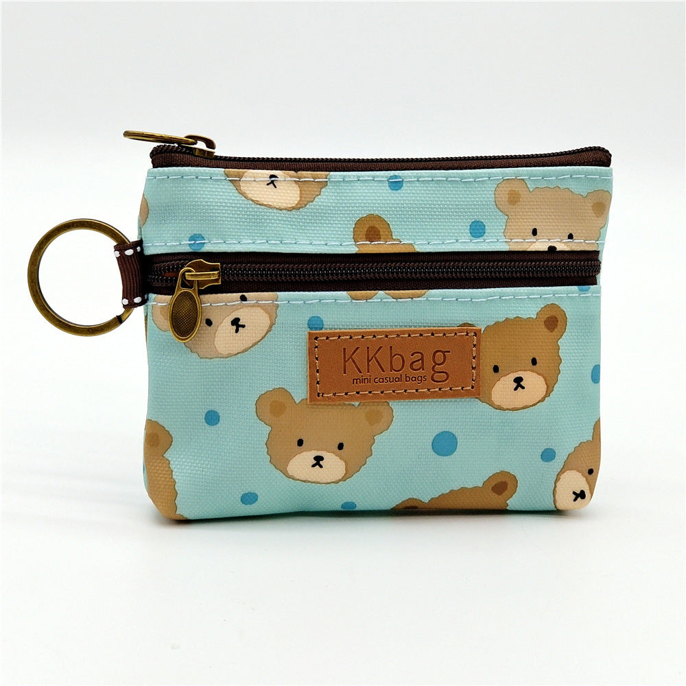 Cute Bear Print Mini Wallet - Double Zipper Coin Purse