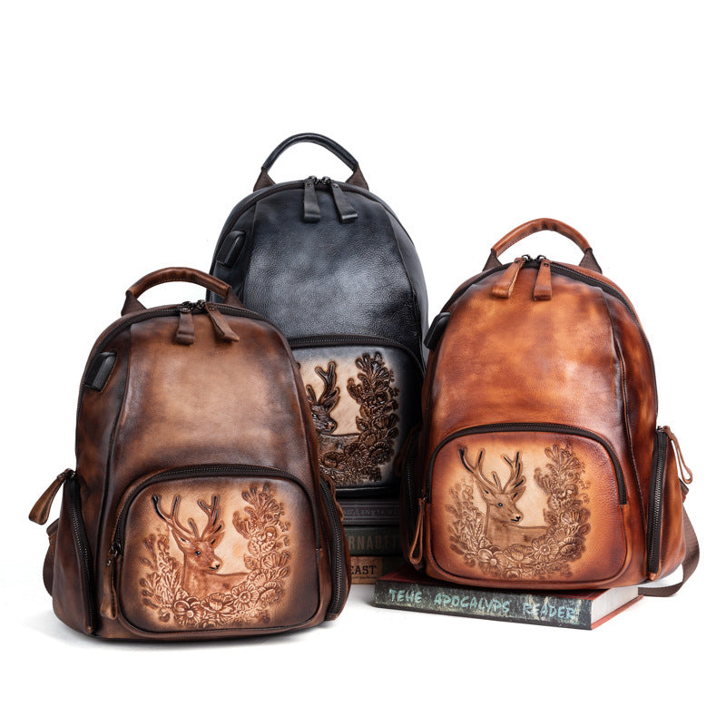 Vintage Leather Backpack - Handcrafted Deer Embossing, Rustic Charm