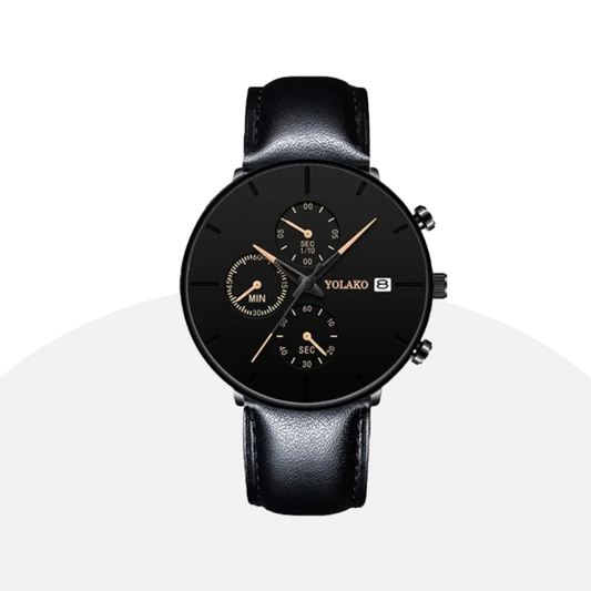 YOLAKO Men's Minimalist Watch - Black Leather, Quartz, Chronograph