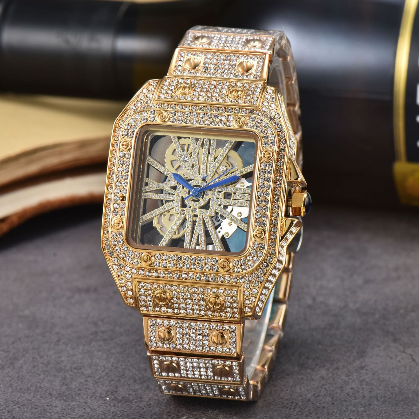 Iced-Out Rose Gold Men's Watch Diamond Luxury Skeleton Automatic