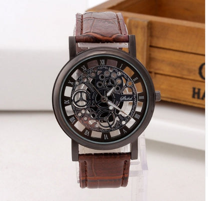 Classic Skeleton Mechanical Watch - Black Leather, Exposed Gears, Roman Numerals