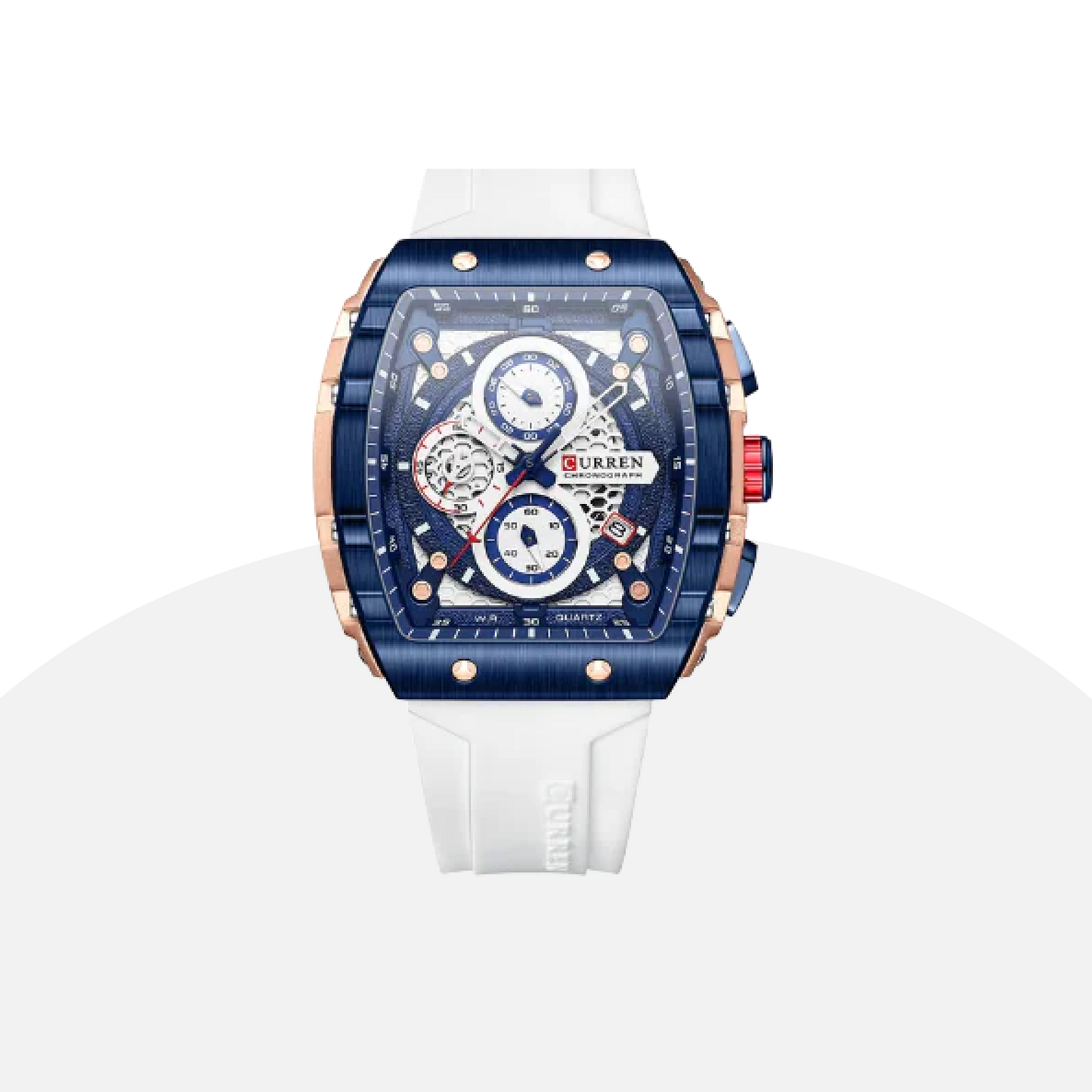 Curren Sporty Chronograph Watch: Blue & Rose Gold, Silicone Strap