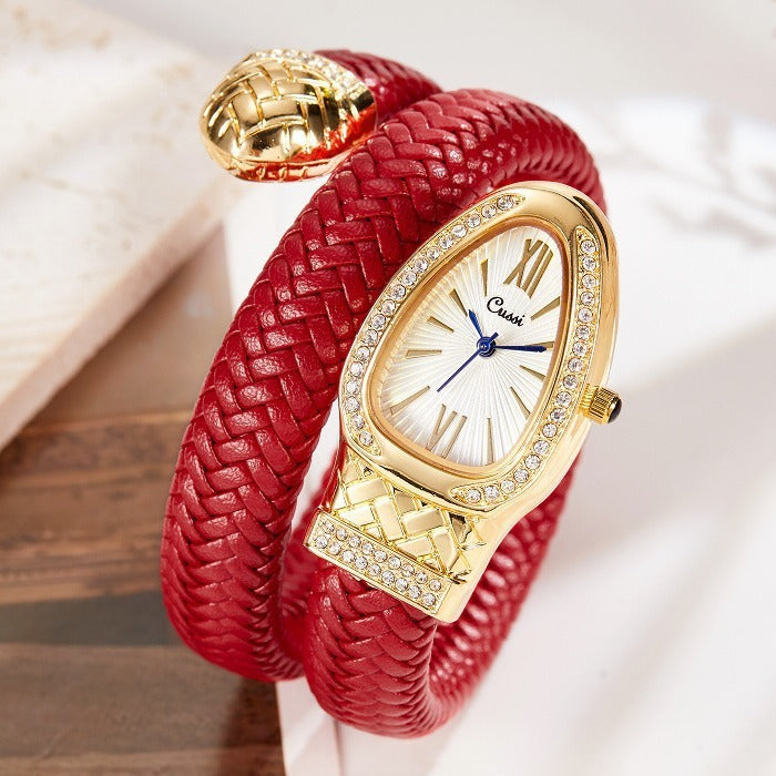 Cussi Women's Snake Watch - Unique Braided Leather & Crystal