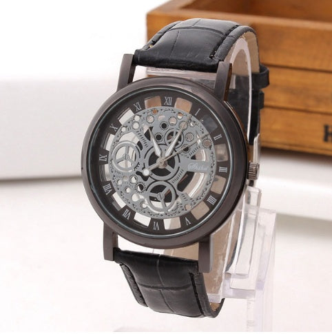 Classic Skeleton Mechanical Watch - Black Leather, Exposed Gears, Roman Numerals