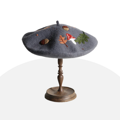 Embroidered Autumn Beret - Wool Felt, Forest Charm, Cozy Style