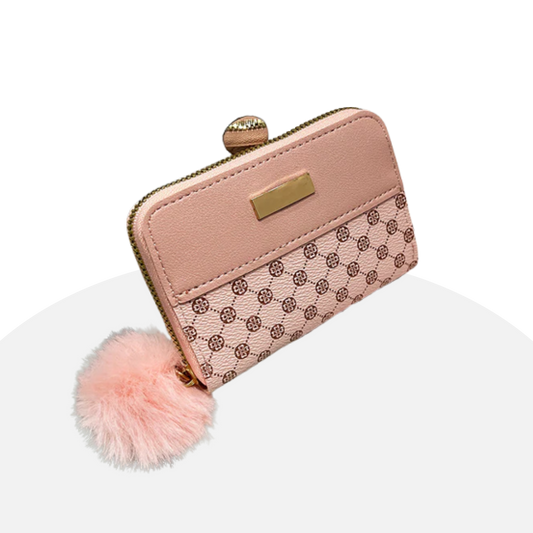 Chic Pompom Wallet Women's Faux Leather Zippered Clutch