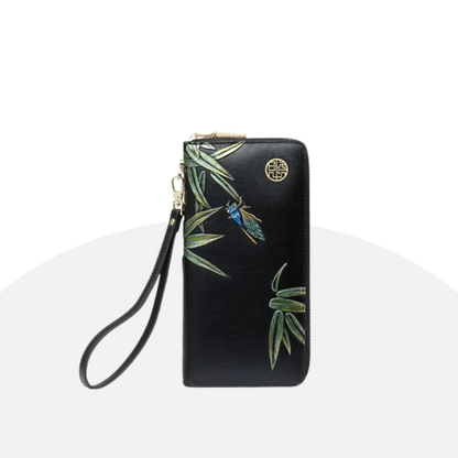 Hand-Painted Leather Clutch Wallet - Bamboo & Cicada Design, Elegant & Unique