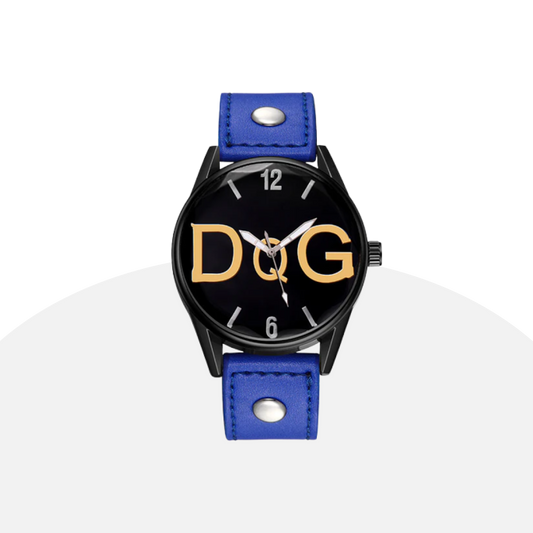 DQG Inspired Fashion Watch: Bold Black, Gold Logo, Leather Strap