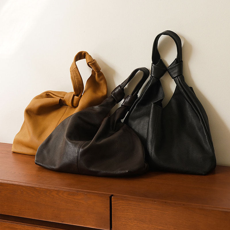 Black Leather Hobo Bag - Knotted Handles, Minimalist Chic