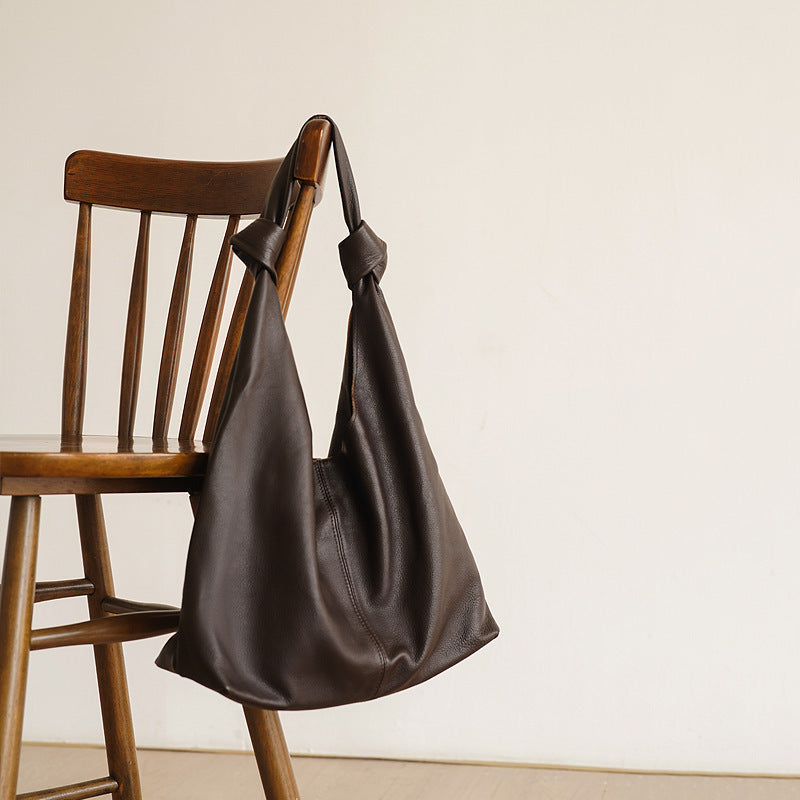 Black Leather Hobo Bag - Knotted Handles, Minimalist Chic