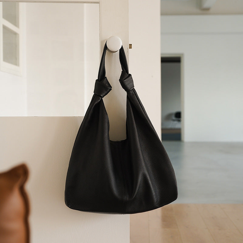 Black Leather Hobo Bag - Knotted Handles, Minimalist Chic