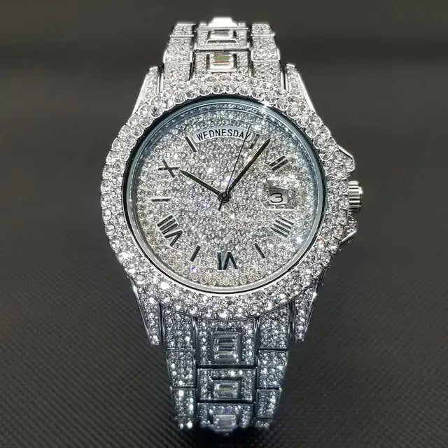 ICEDIAMOND 43MM: Luxurious Iced-Out Gold Watch with Date Display