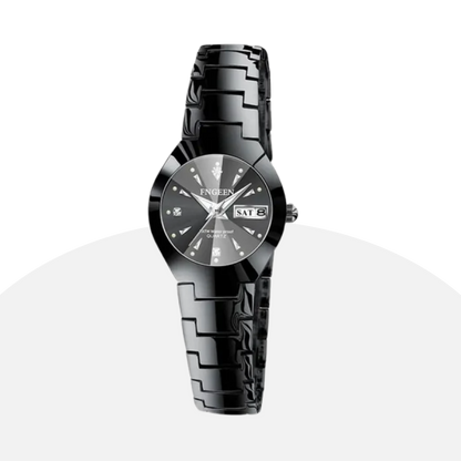 FNGEEN Women's Black Ceramic Watch with Diamond Accents