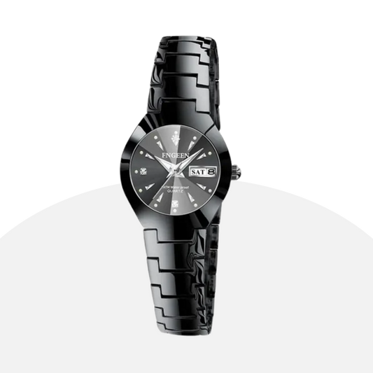 FNGEEN Women's Black Ceramic Watch with Diamond Accents