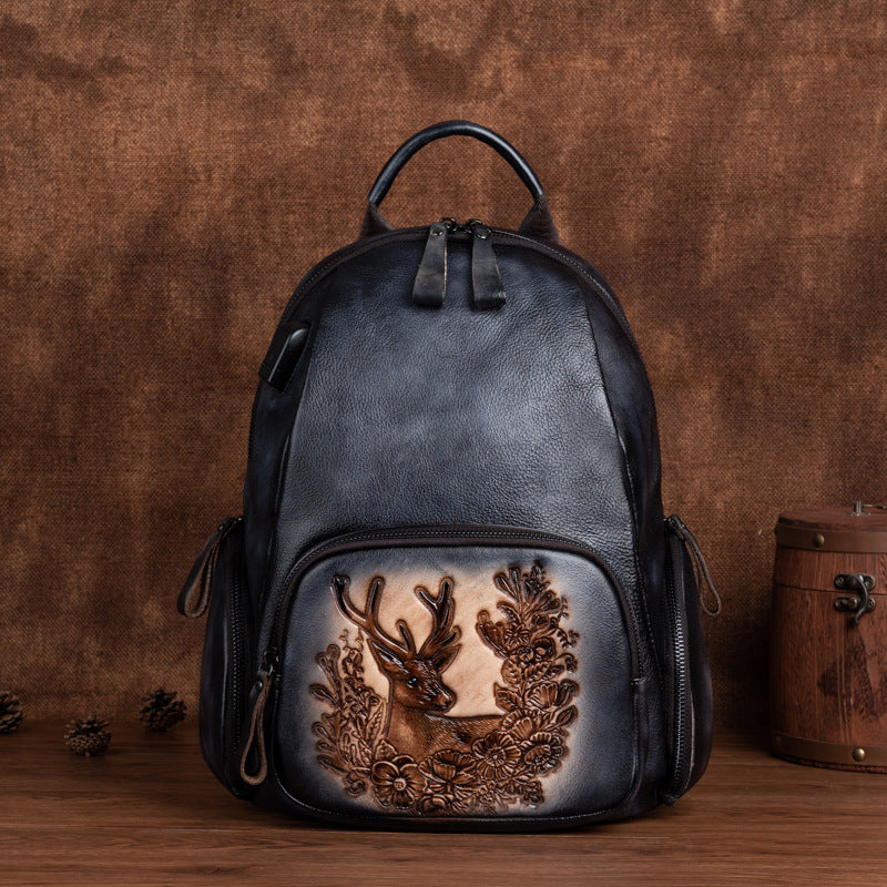 Vintage Leather Backpack - Handcrafted Deer Embossing, Rustic Charm