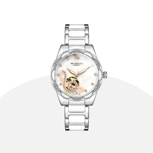 MG.Orkina Women's Automatic Watch - Floral Design, Diamond Accents, Musical Note