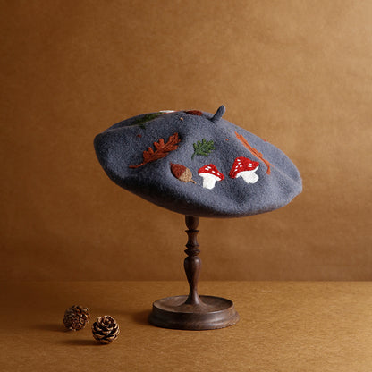 Embroidered Autumn Beret - Wool Felt, Forest Charm, Cozy Style