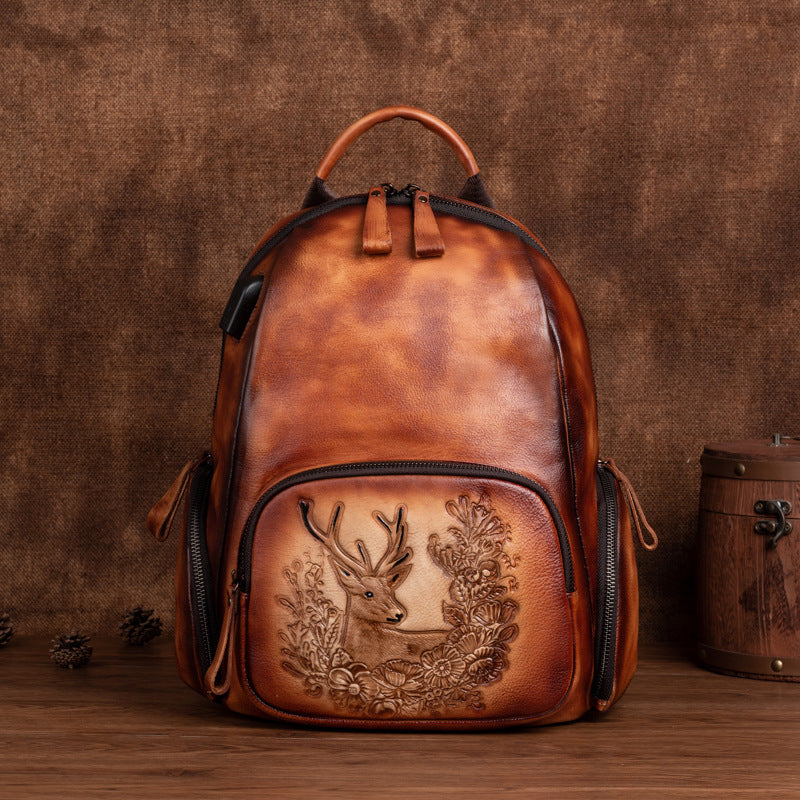 Vintage Leather Backpack - Handcrafted Deer Embossing, Rustic Charm