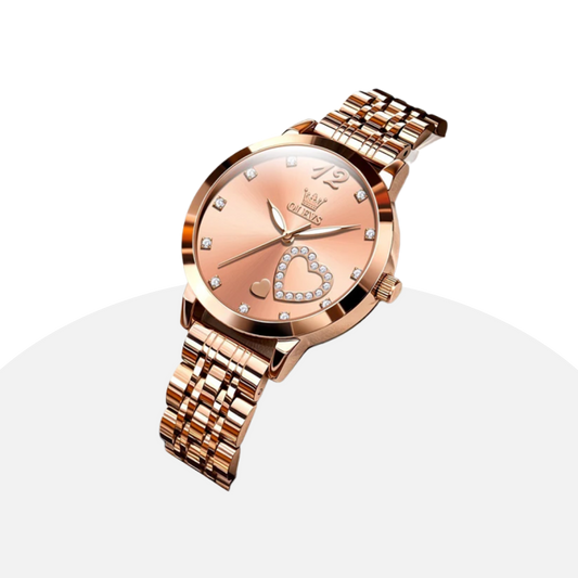 OLEVS Women's Rose Gold Watch - Black Dial, Heart Accent, Diamond Markers