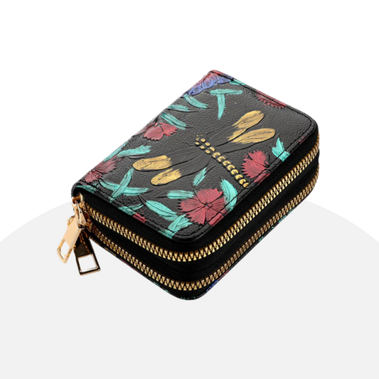 Compact Leather Card Holder Wallet with Dragonfly Design