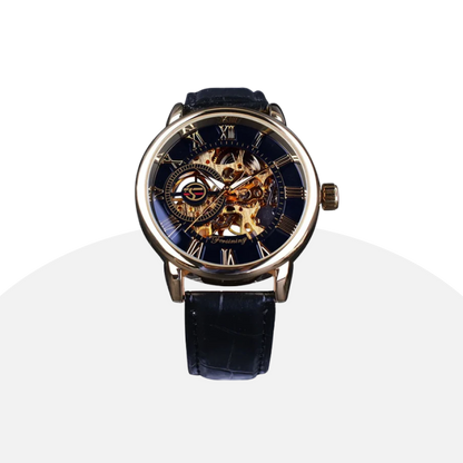 Forsining Men's Automatic Watch: Skeleton Dial, Gold-Tone, Leather Strap