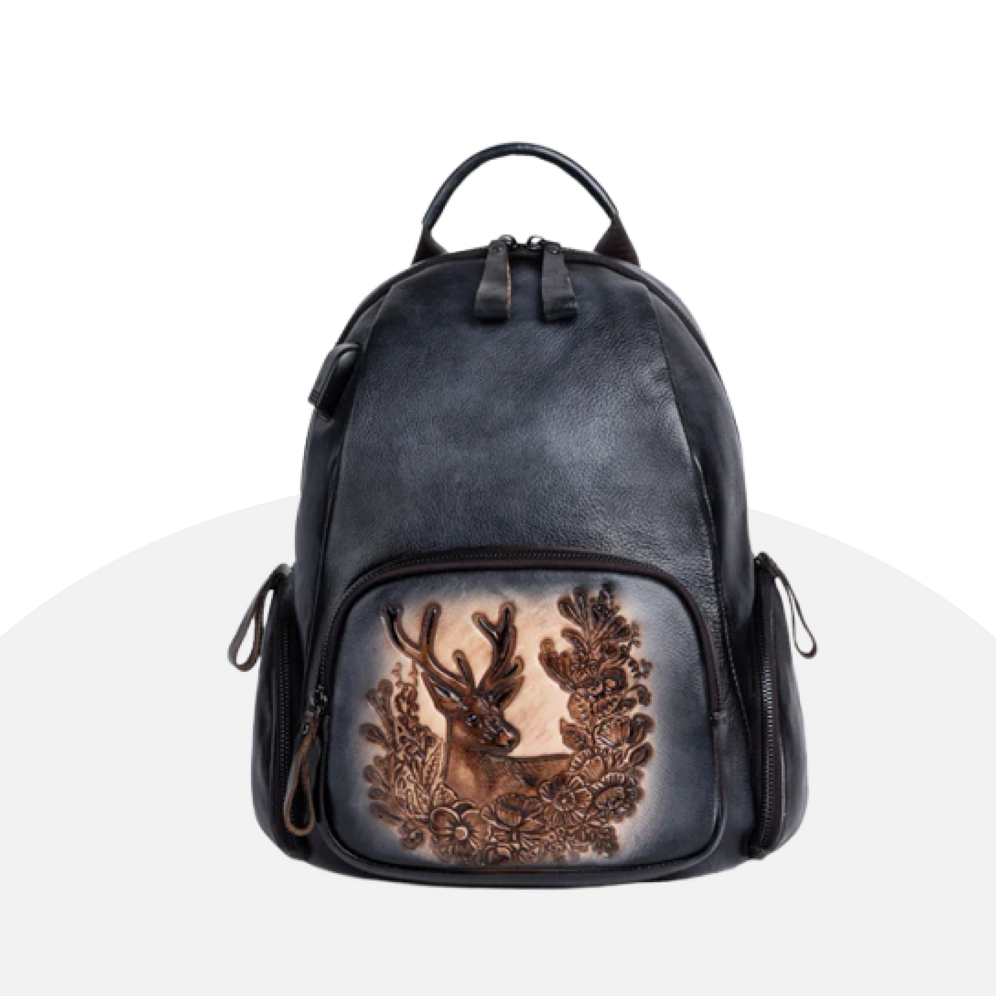 Vintage Leather Backpack - Handcrafted Deer Embossing, Rustic Charm