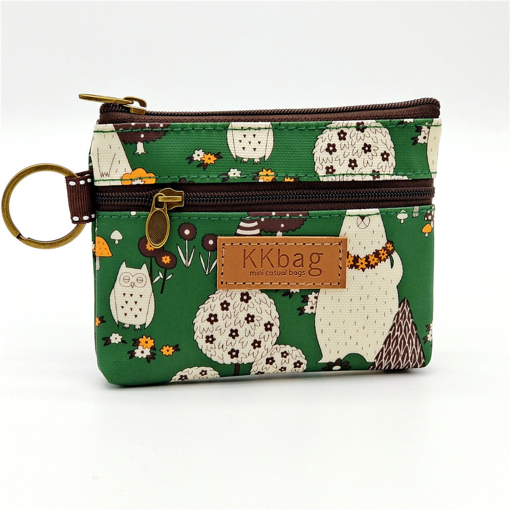 Cute Bear Print Mini Wallet - Double Zipper Coin Purse