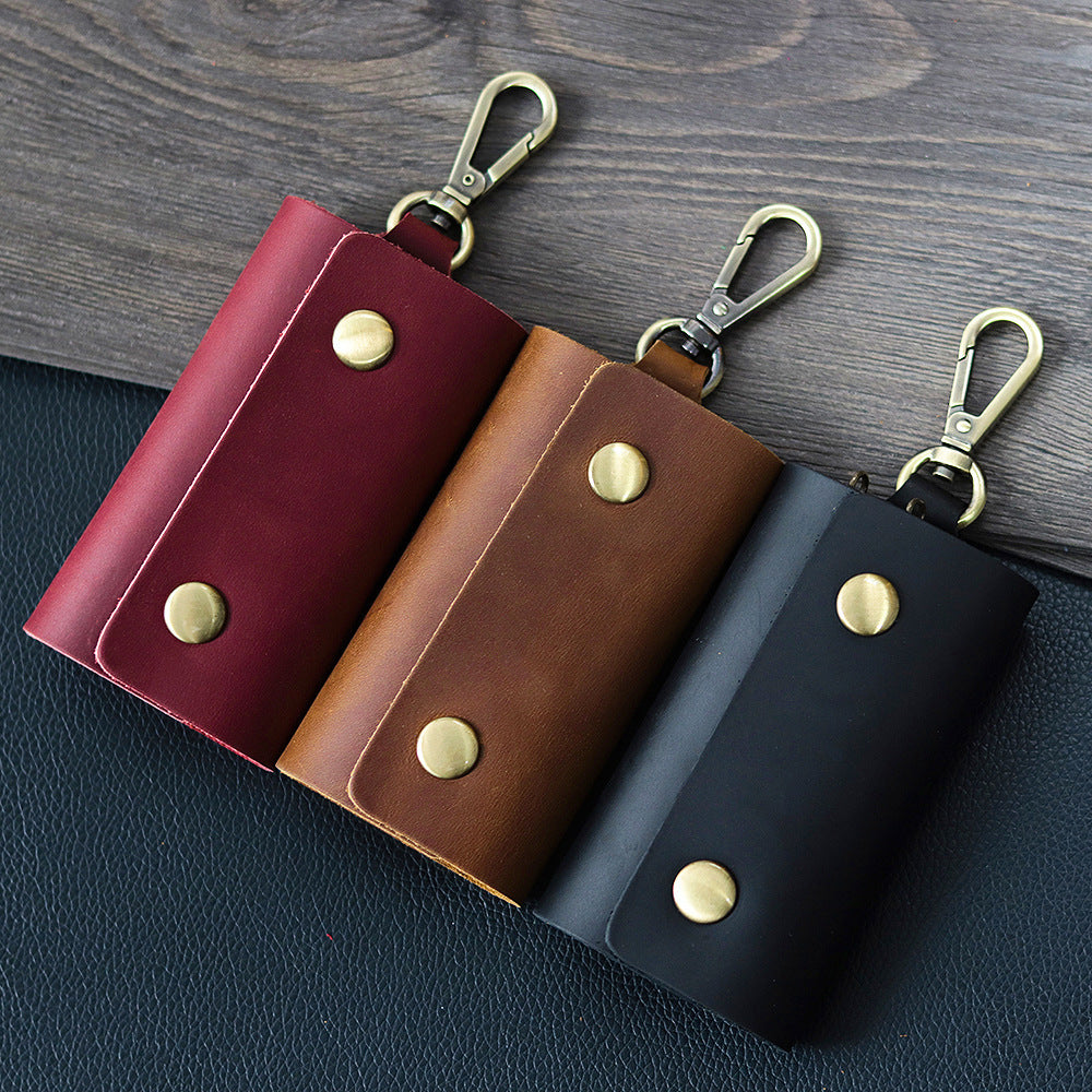 Compact Leather Key Case with Key Ring and Secure Button Closure