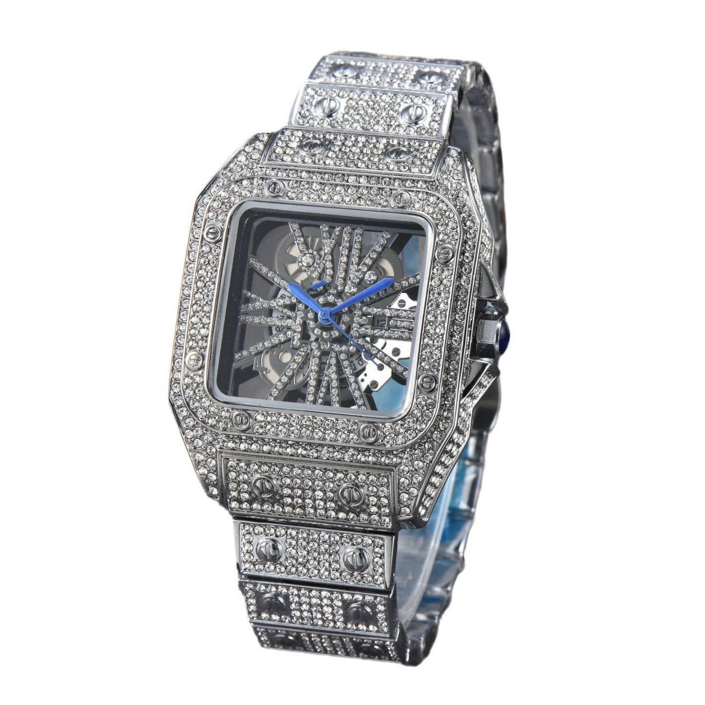 Iced-Out Rose Gold Men's Watch Diamond Luxury Skeleton Automatic