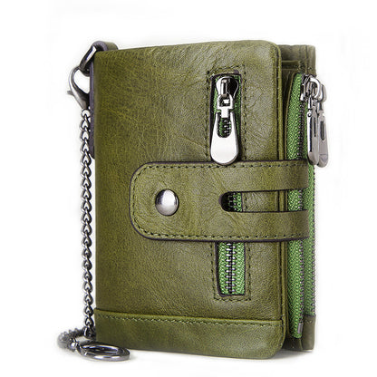 Genuine Leather Men's Wallet with Chain, Multiple Zipper Pockets