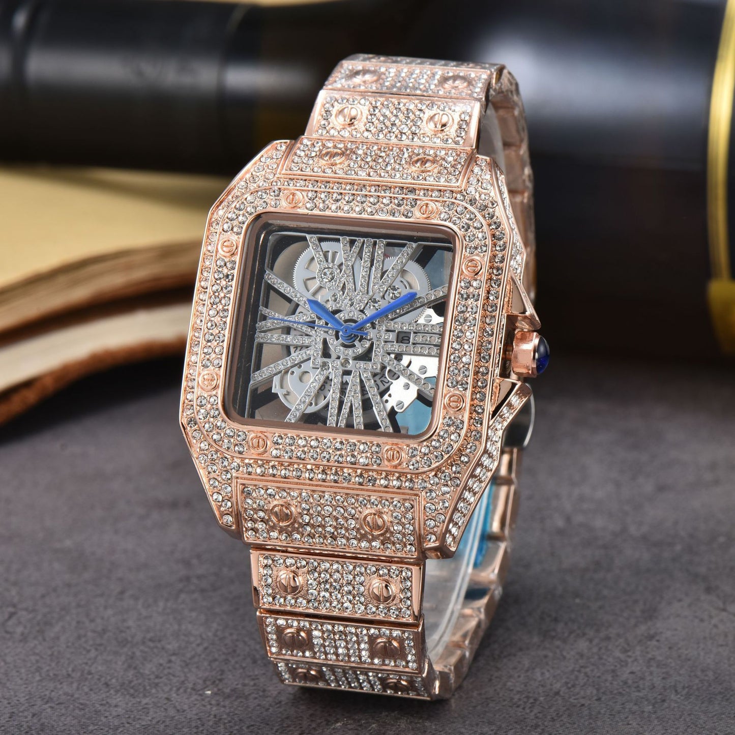 Iced-Out Rose Gold Men's Watch Diamond Luxury Skeleton Automatic