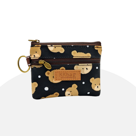 Cute Bear Print Mini Wallet - Double Zipper Coin Purse