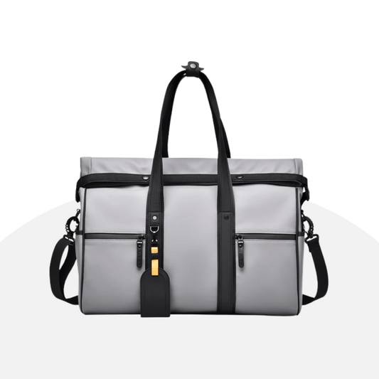 Sleek Gray Travel Duffel with Leather Accents - Modern & Spacious Weekender