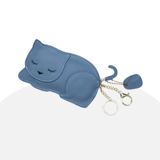 Cute Cat Coin Purse Keychain Genuine Leather Mini Wallet Black