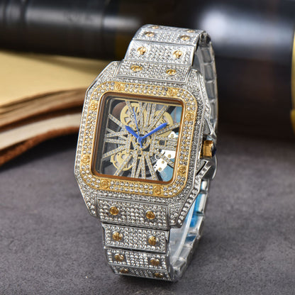 Iced-Out Rose Gold Men's Watch Diamond Luxury Skeleton Automatic