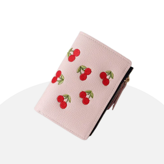 Cute Cherry Embroidered Wallet Women's Small Pink Leather Bifold