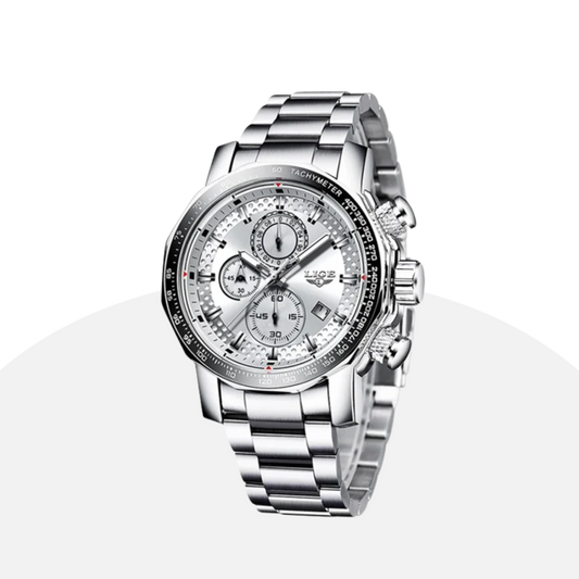 LIGE Men's Chronograph Watch: Silver Stainless Steel, Sporty & Stylish