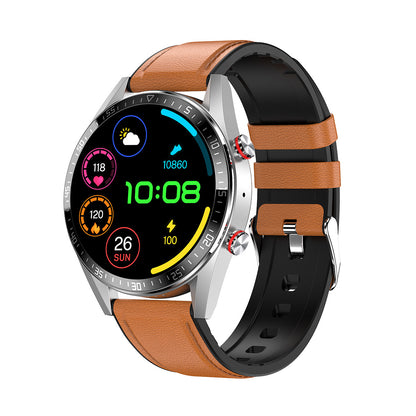 Classic Smartwatch with Leather Band, Health Tracking, and Weather Updates