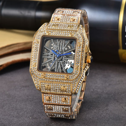 Iced-Out Rose Gold Men's Watch Diamond Luxury Skeleton Automatic