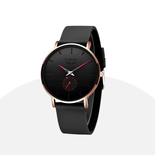 LIGE Men's Minimalist Watch: Black Silicone, Rose Gold Accents, Quartz