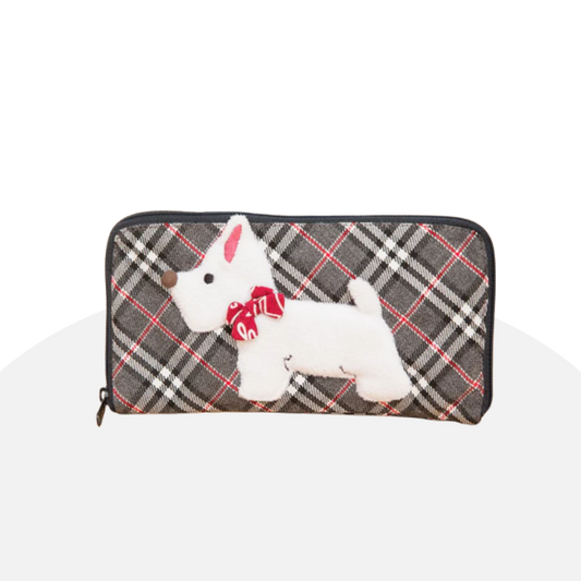 Cute Dog 3D Wallet Women's Long Zippered Clutch Purse Plaid