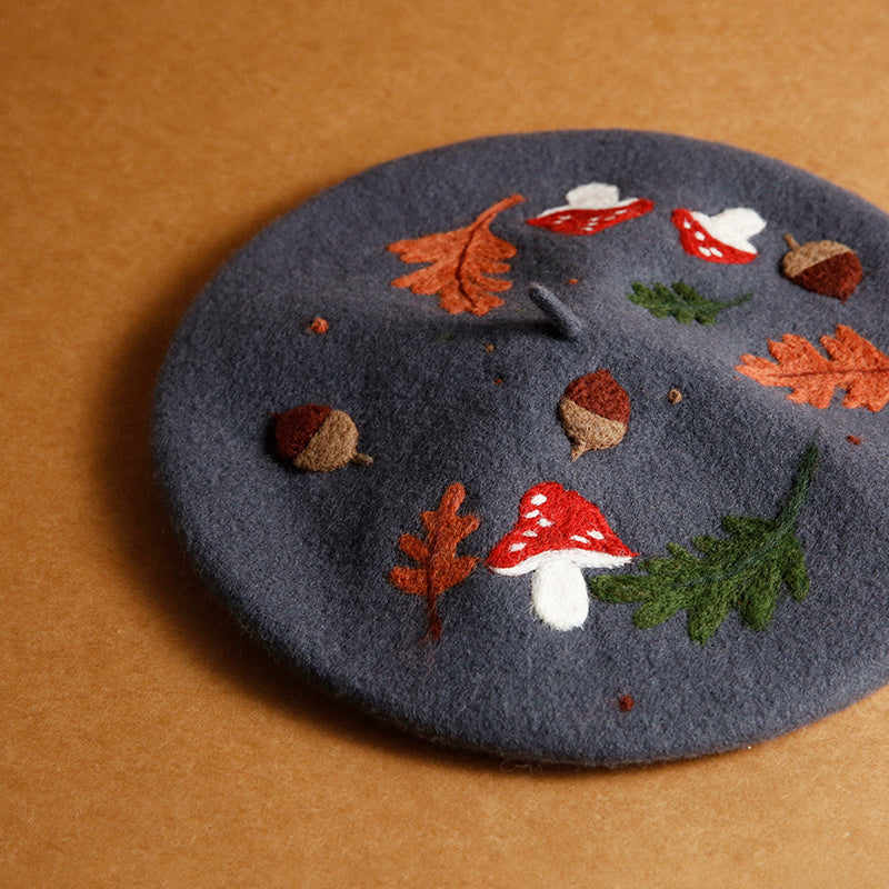 Embroidered Autumn Beret - Wool Felt, Forest Charm, Cozy Style