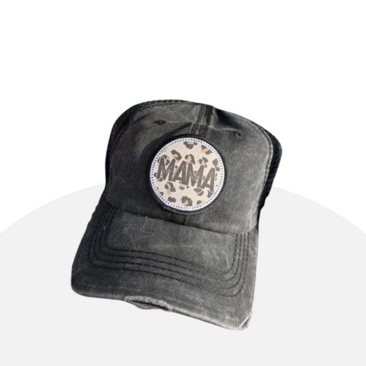 Distressed "Mama" Trucker Hat - Leopard Patch, Trendy Mom Style