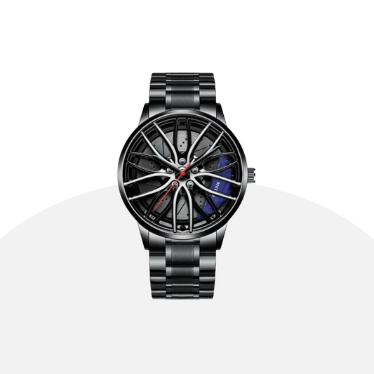 MEI Men's Racing-Inspired Watch: 3D Wheel Design, Black Stainless Steel