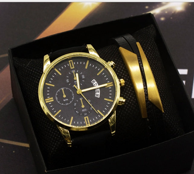 Classic Gold-Accented Watch with Black Leather Band - Timeless Style