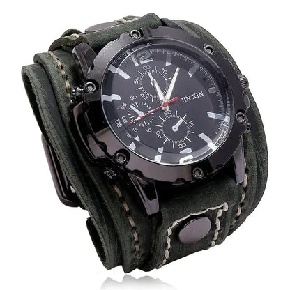 JIN XIN Men's Vintage Leather Cuff Watch - Chronograph, Rugged Style